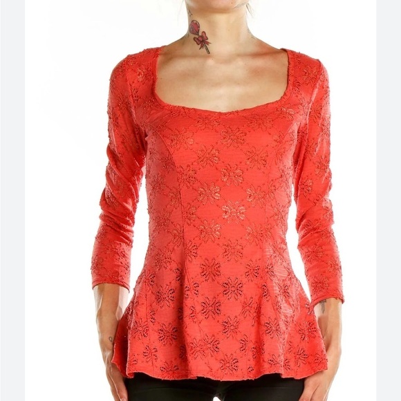 Free People Tops - Free People Daisy Pointelle Peplum Top Persimmon Red Lace Square Neck Boho